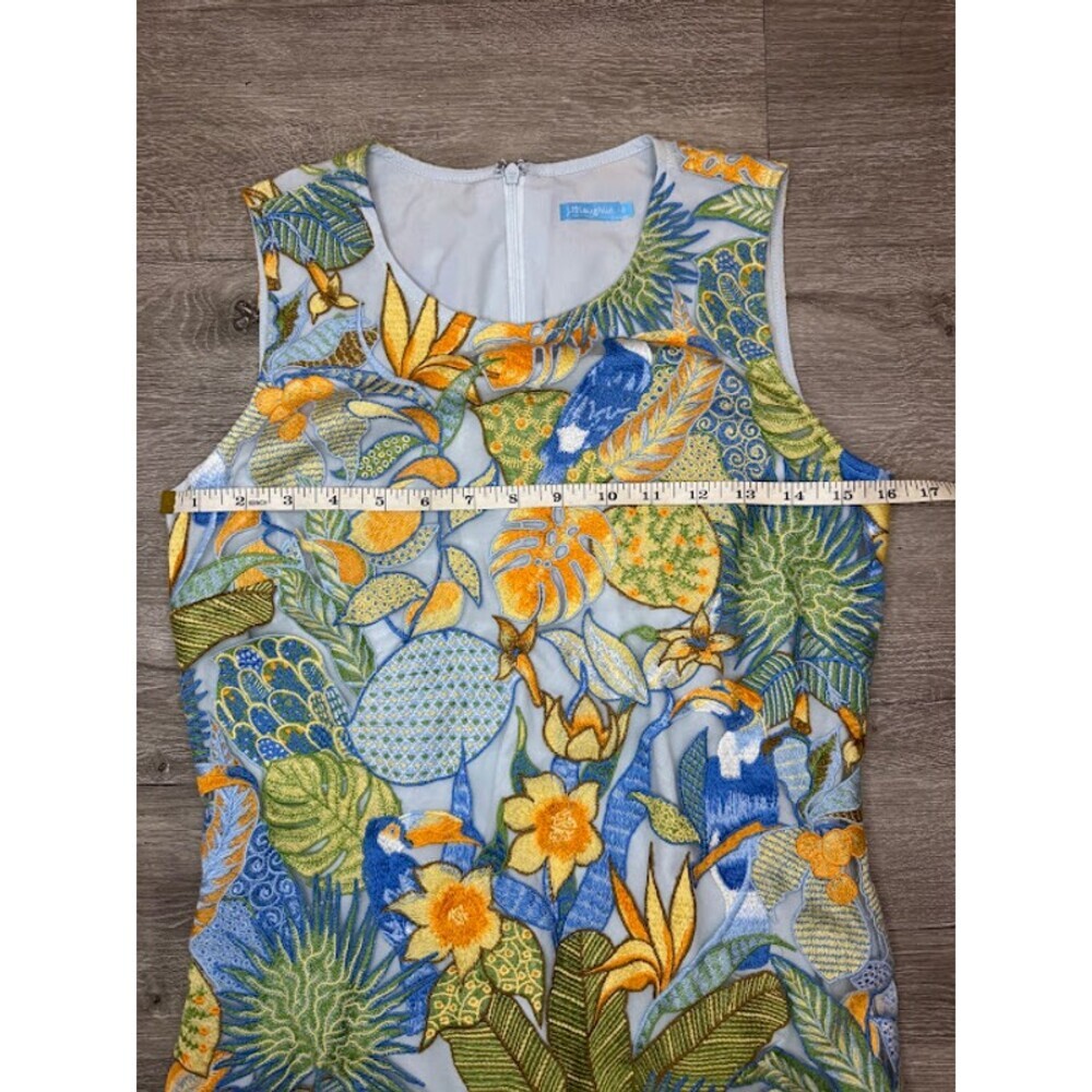 Tropical Parrot Embroidered Sheath Dress Blue Green Sleeveless Women's 0 - Picture 6 of 7
